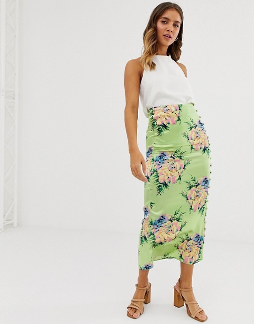 ASOS DESIGN city maxi satin slip skirt with rouleau loop buttons in rose floral | ASOS US