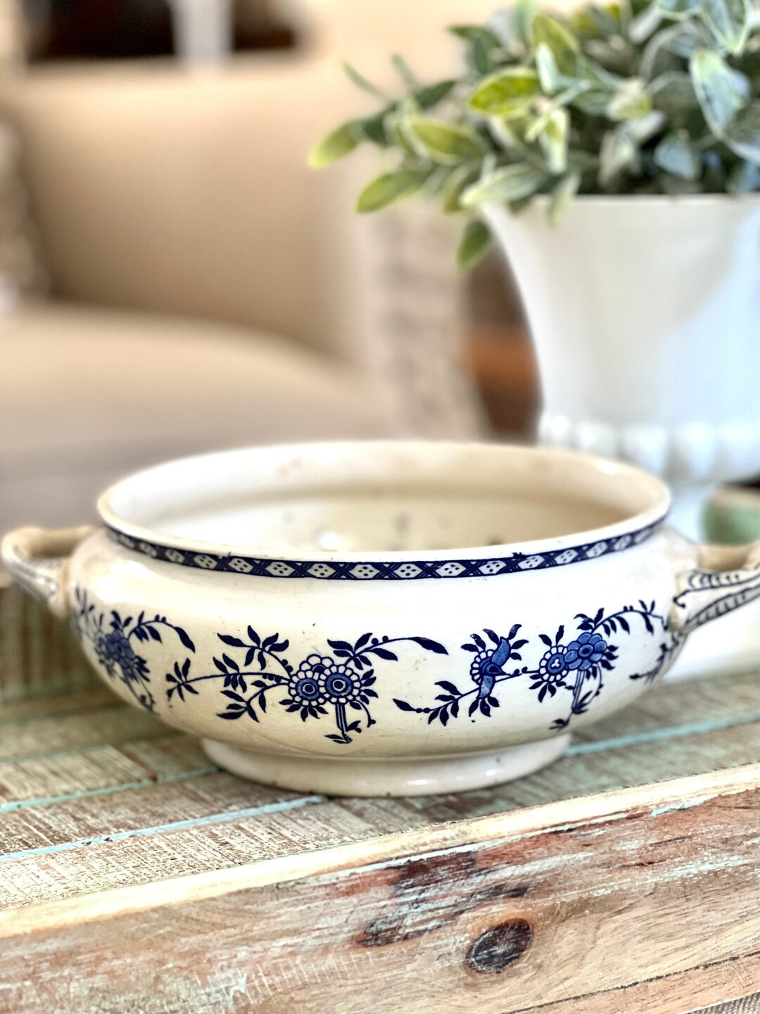 Vintage Blue and White Casserole W/o Lid Dresden Pattern Hand Painted, Transfer Ware Succulent Po... | Etsy (US)