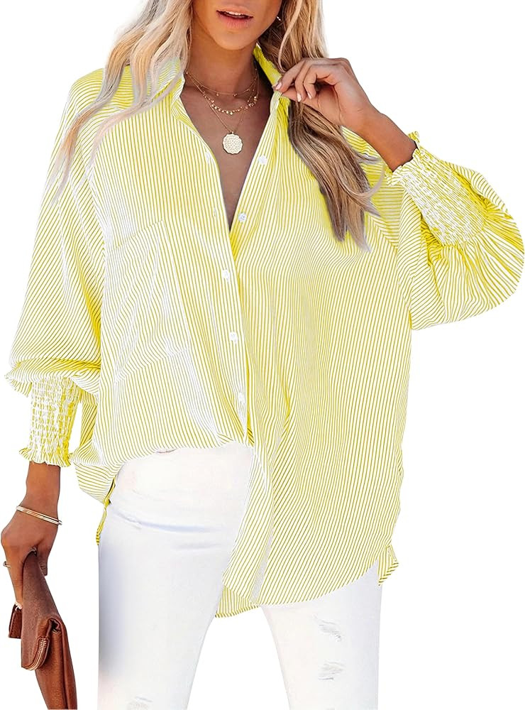Women's Wrinkle-Resistant Smocked Cuffed Striped Button Shirt with Pocket Oversized Casual Boyfri... | Amazon (US)