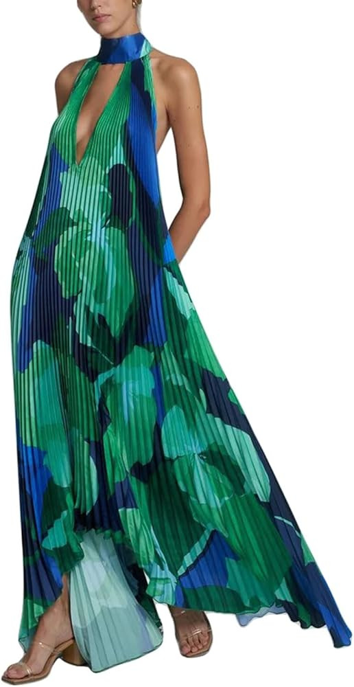 GGUHHU Womens Color Block Floral Maxi Halter Dress Hollowed V-Neck Backless Accordion Beach Dress... | Amazon (US)