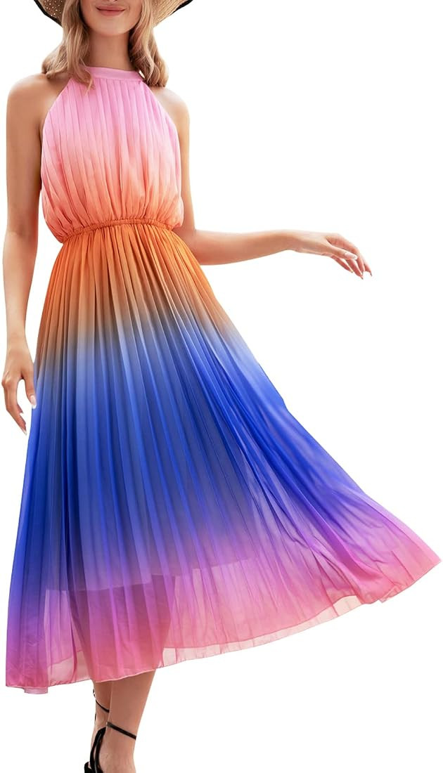 Paintcolors Women's Halter Sleeveless Pleated Long Maxi Dress Backless Ombre Summer Beach Chiffon... | Amazon (US)