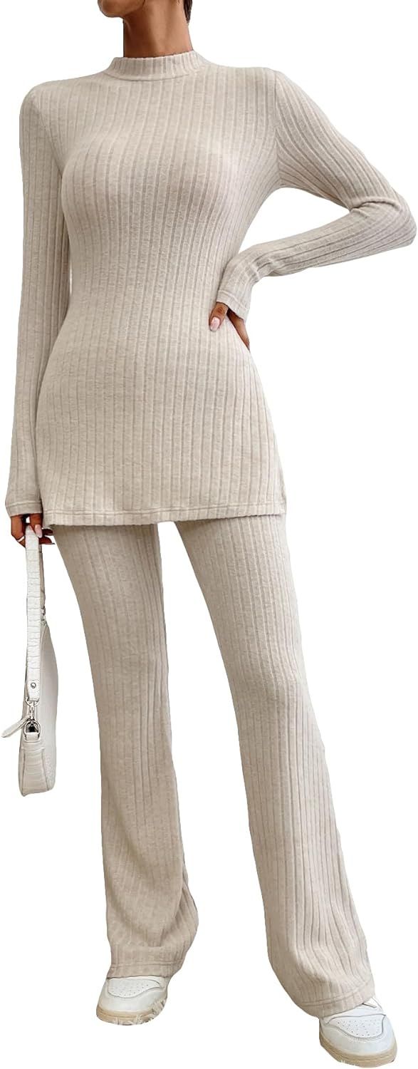 MakeMeChic Women's Pajama Lounge Set Long Sleeve Tops Flare Leg Pants Workout Sets Tracksuit | Amazon (US)