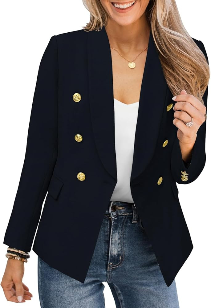CRAZY GRID Womens Casual Blazer Jacket Gold Button Long Sleeve Work 0ffice Blazer Lapel Open Fron... | Amazon (US)