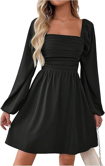 Floerns Women's Lantern Long Sleeve Mini Dress Square Neck Ruched A Line Dress | Amazon (US)