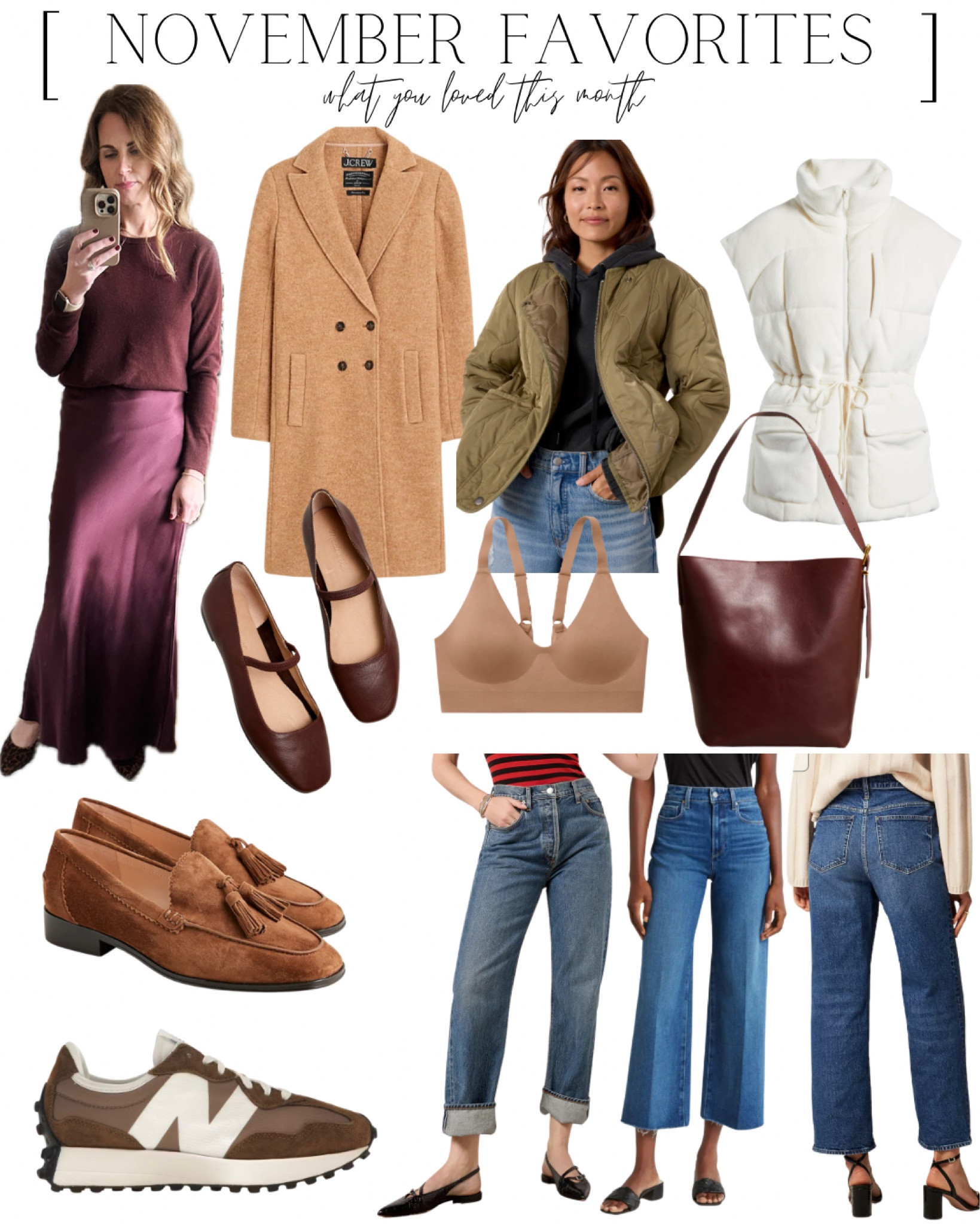 Burgundy sweater, true to size, small
Skirt true to size, 2
Camel coats, runs a little big, 2
Green jacket runs big, XS 
Cream vest, runs a little oversized, small
Shoes I went down a half size in all
Bra true to size 
Cuffed jeans run very big, I’m  usually a 25/26 and these are a 23
Wide leg jeans size 25 in both

#LTKHoliday #LTKCyberWeek #LTKSeasonal