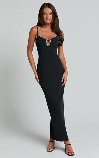 Felicity Midi Dress - Plunge Diamante Detail Dress in Black | Showpo (US, UK & Europe)