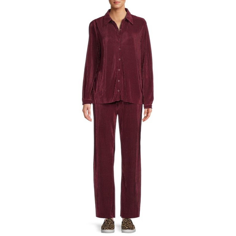 Nine.Eight Women’s Crinkle Cut Shirt and Pants Matching Set, 2-Piece - Walmart.com | Walmart (US)