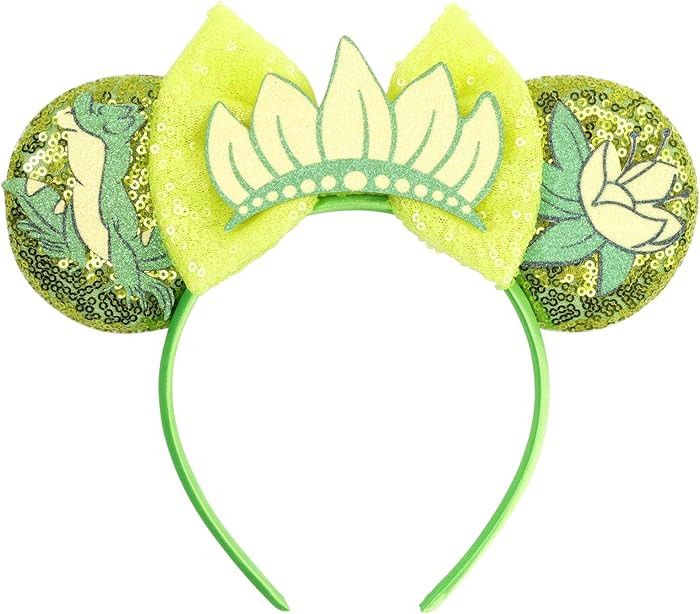 bianbaistar Glitter Green Mouse Ears Headband, Sequined Bow with Lotus & Frog Accents for Theme P... | Amazon (US)