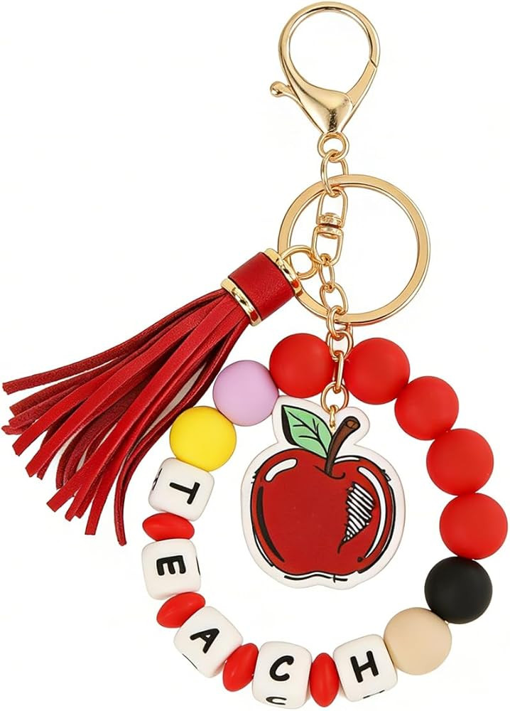 Teacher Keychain For Women, Teach Cartoon Pencil Tassel Silicone Beading Colorful Wristband Walle... | Amazon (US)