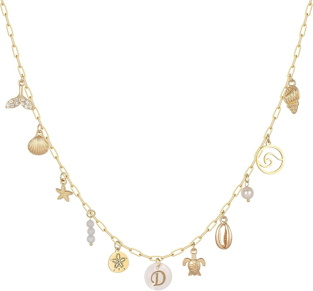 Gold Initial Charm Necklace for Women Dainty Boho Shell Starfish Necklace Personalized Letter A-Z... | Amazon (US)