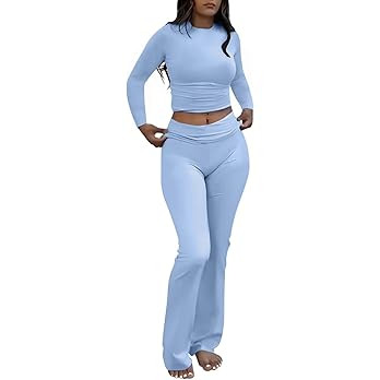 AYWA Women's 2 Piece Outfits Foldover Flare Pants Long Sleeve Crew Neck T-shirt Fitted Pajama Set... | Amazon (US)