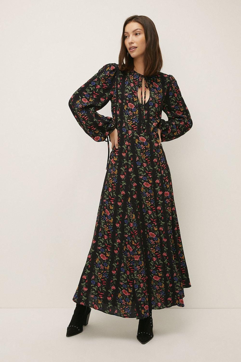 Stripe Floral Printed Keyhole Midi Dress | Oasis UK & IE 