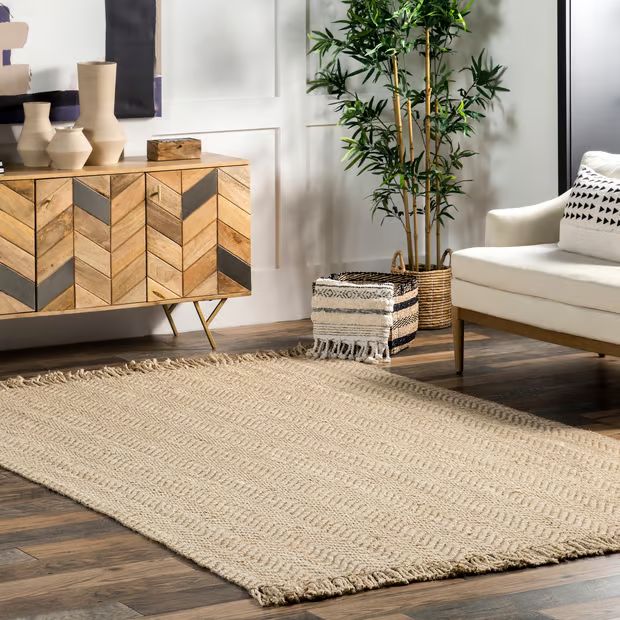 Natural Jute Wavy Chevron With Tassel 5' x 8' Area Rug | Rugs USA