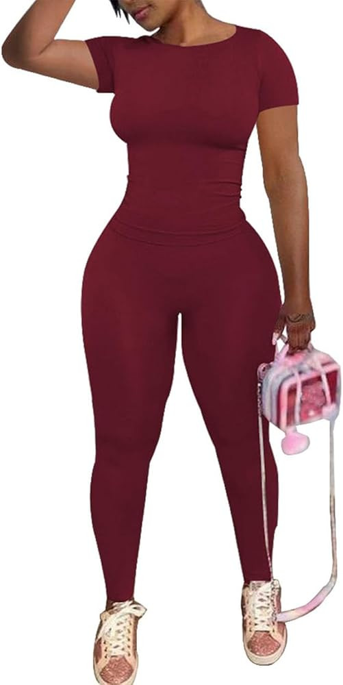 PINSV 2 Piece Sets for Women Summer Workout Sets Short Sleeve Top Jogger Legging Pants Track Suit... | Amazon (US)