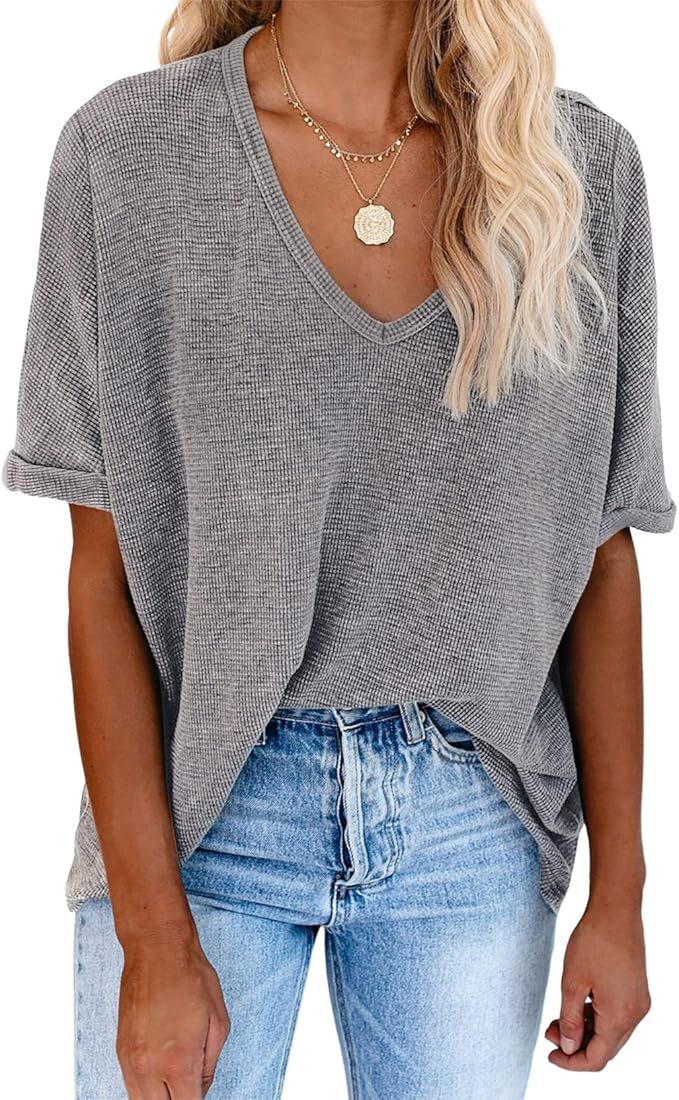 EVALESS Womens Summer Plus Size V Neck Tops Short Sleeve Waffle Knit Shirts Cotton T Shirts Solid... | Amazon (US)