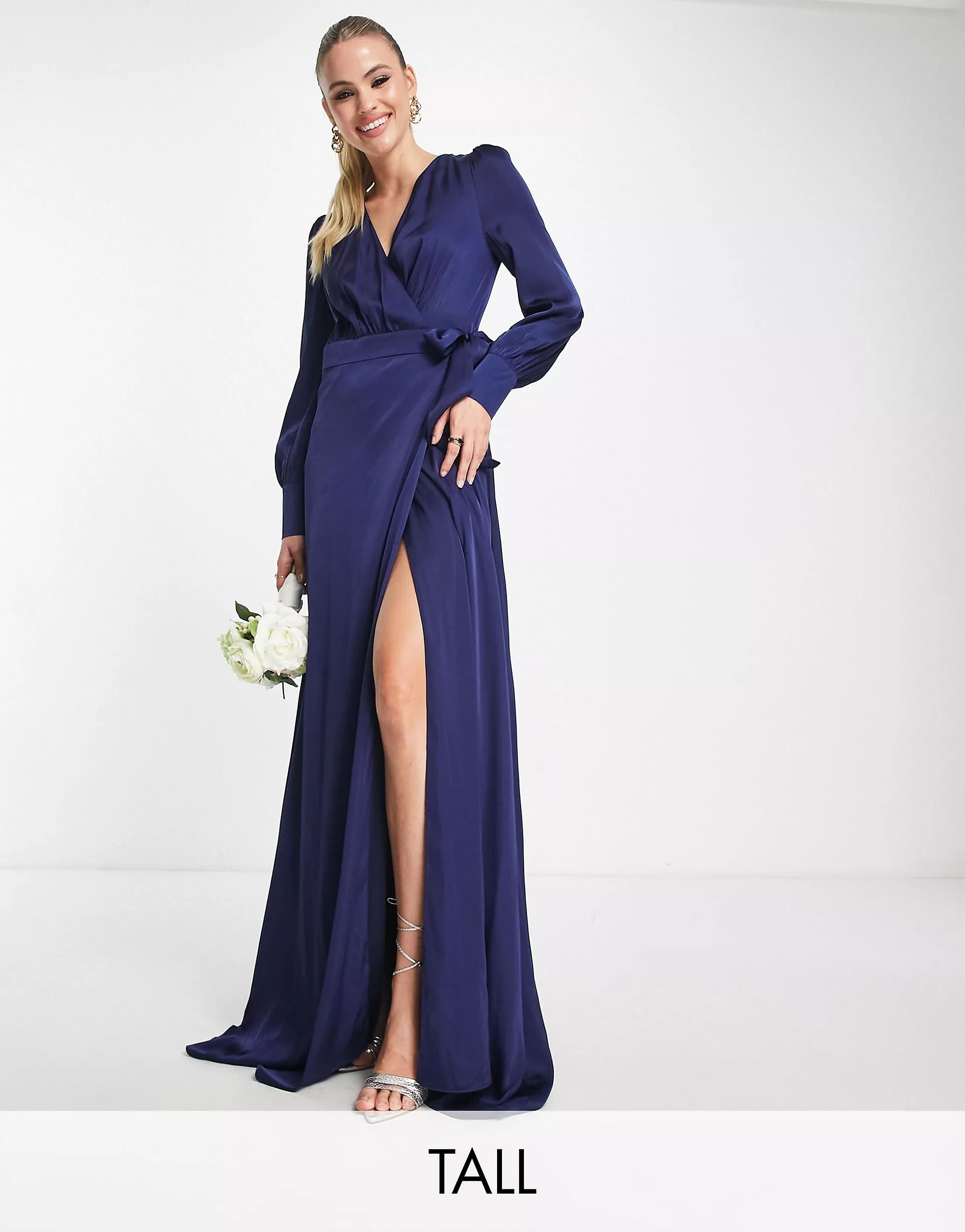 TFNC Tall Bridesmaid long sleeve satin maxi dress in navy blue | ASOS (Global)