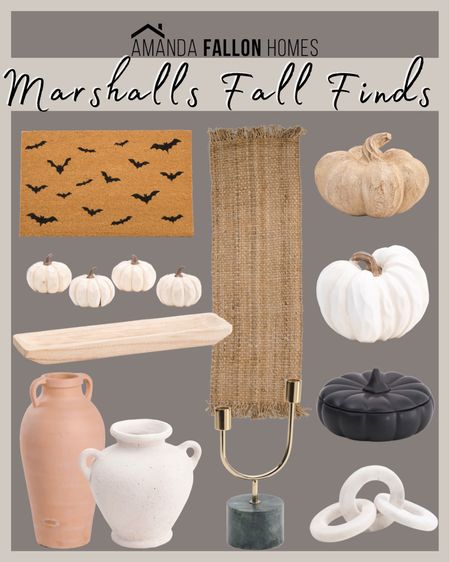 Fall home decor finds from Marshall’s! Faux pumpkins. Bats door mat. Terracotta vase. Jute runner. Marble candelabra. Taper candle holder. Pumpkin candle. Pumpkin decor. Marble chain links. White vase. Affordable home decor.

#marshalls #homedecor #falldecor #doormat 

#LTKHalloween #LTKSeasonal #LTKhome