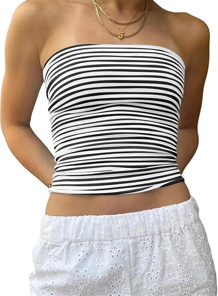 Tube Top Going Out Strapless Crop Tops Backless Bandeau Striped y2k Cute Summer Clothes for Women... | Amazon (US)