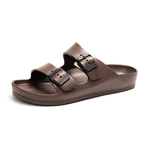 FUNKYMONKEY Men's Comfort Slides Double Buckle Adjustable EVA Flat Sandals (12 M US, DK BROWN/SPK) | Amazon (US)