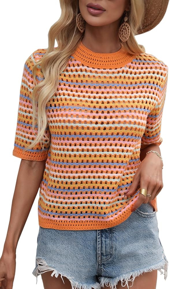 Angashion Women's Striped Knitted Shirt Beachwear Casual Half Sleeve Soft Lightweight Crewneck Se... | Amazon (US)