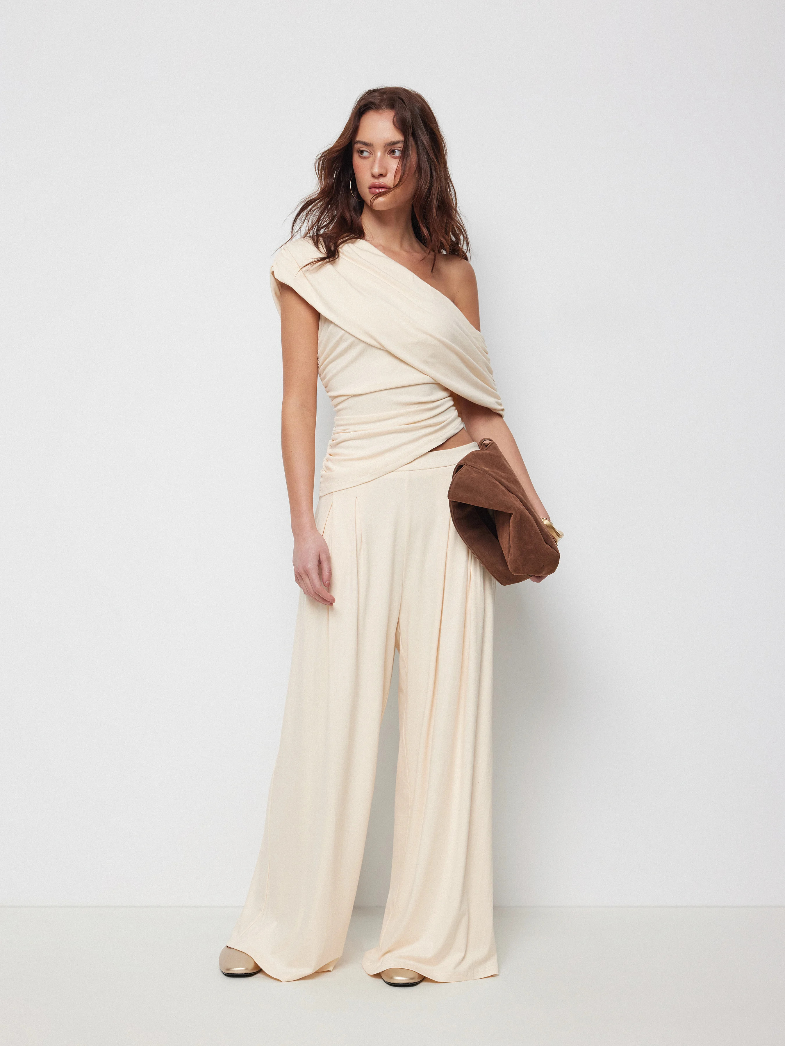 Asymmetrical Neck Ruched Top & Mid Rise Wide Leg Trousers Set | Cider