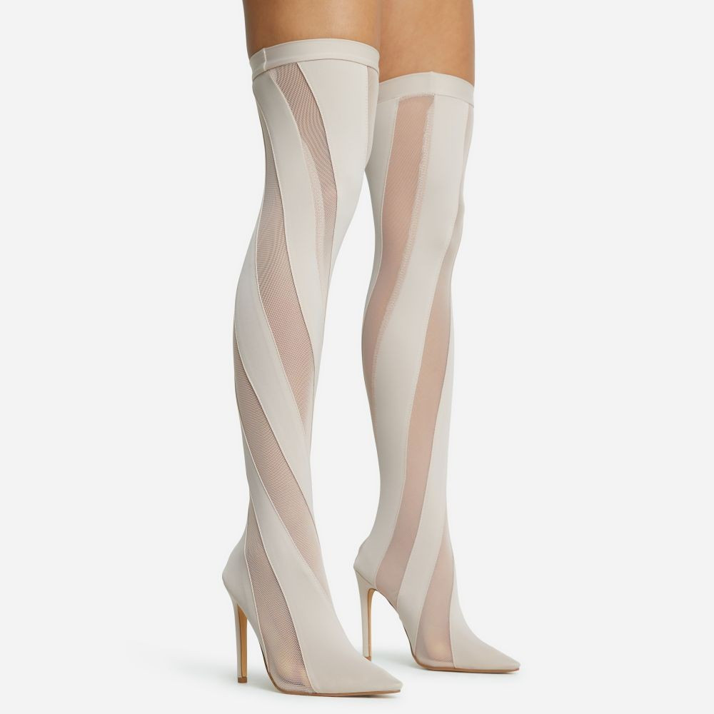 Lilth Wrapped Panel Detail Pointed Toe Stiletto Heel Over The Knee Thigh High Sock Boot In Nude M... | EGO Shoes (US & Canada)