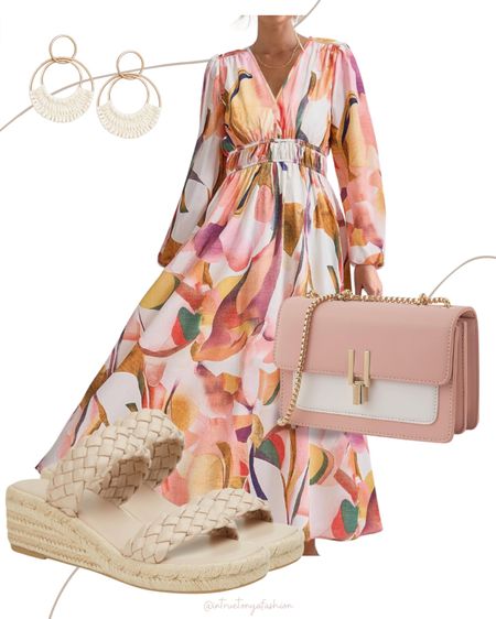 Easter dress outfit with a maxi floral dress, braided wedge heels, pink crossbody bag and earrings. 

//Spring outfits 2024, Amazon outfit ideas, casual outfit ideas, casual fashion, amazon fashion, amazon casual outfit, cute casual outfit, outfit inspo, outfits amazon, outfit ideas, Womens shoes, amazon shoes, Amazon bag, purse, size 4-6, early spring outfits, winter to spring transition outfit, spring outfit, spring dress, spring dresses amazon, Easter outfit, wedding guest dress #ltkwedding #ltkshoecrush #ltkitbag 

#LTKstyletip #LTKfindsunder50 #LTKSeasonal