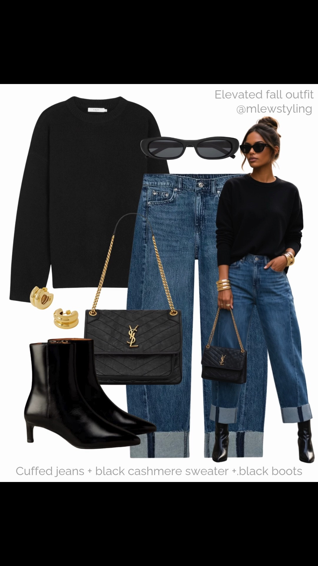 Elevated fall outfit 🖤

Tags: black cashmere sweater, Zara cuffed jeans, Sézane kitten heel booties, ysl shoulder bag, black sunglasses, double hoop earrings, chic autumn look, fall boots

#LTKjeans #LTKfall #LTKshoes
