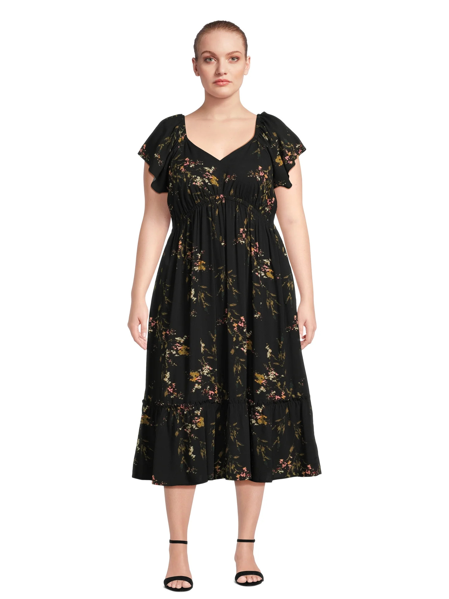 Terra & Sky Women's Plus Size Flutter Sleeve Midi Dress - Walmart.com | Walmart (US)