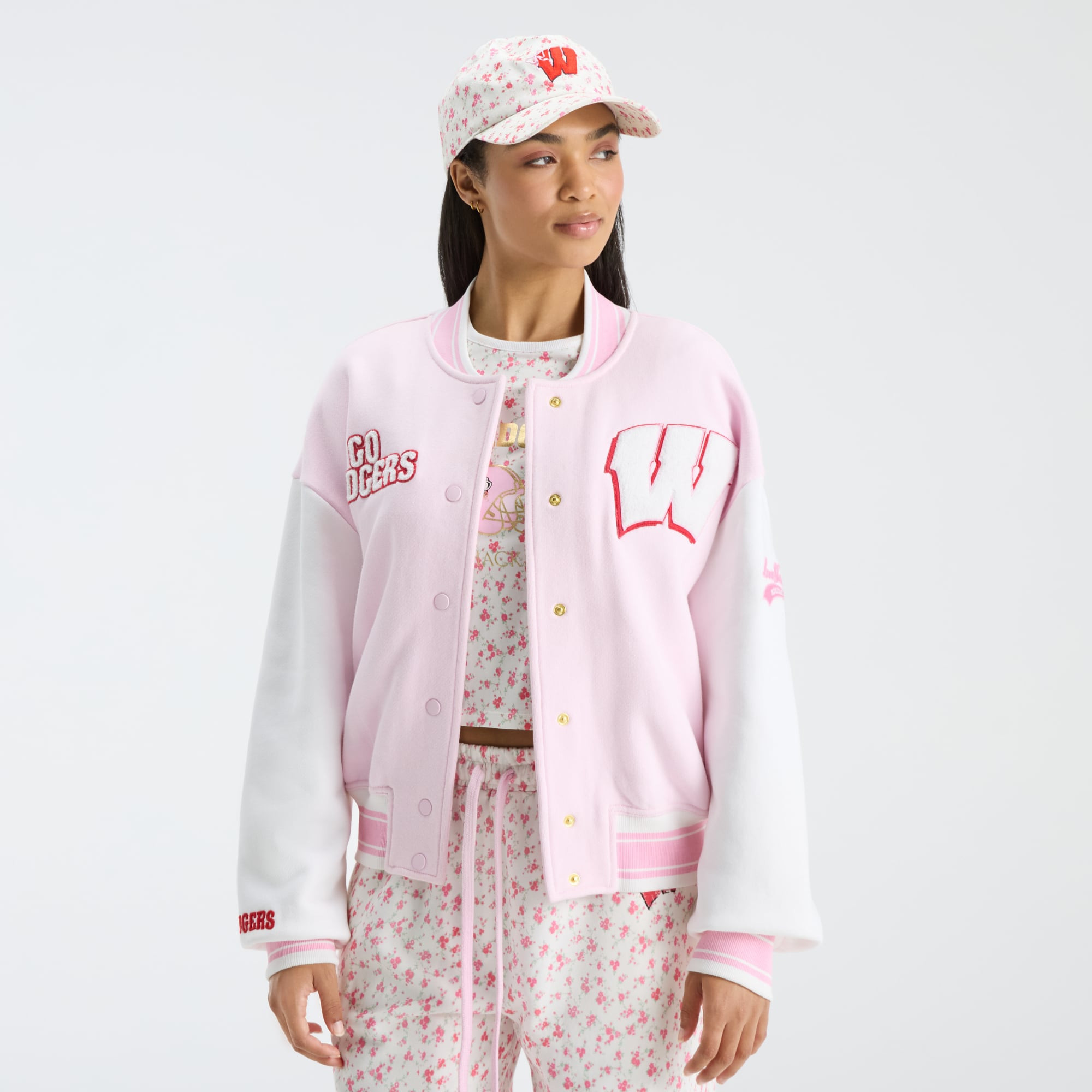 LoveShackFancy Women's Pink Wisconsin Badgers Collegiate Varsity Full-Snap Jacket | Fanatics
