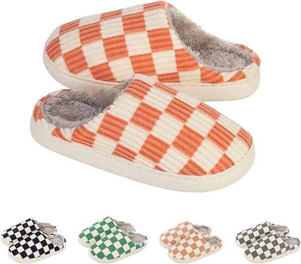 Yueerlu House Slippers for Women Men, Mens Slippers on Fuzzy House Slippers Memory Foam Checkered... | Amazon (US)