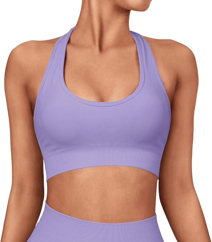 SUUKSESS Women Seamless Halter Sports Bra Padded Backless Workout Crop Tops | Amazon (US)
