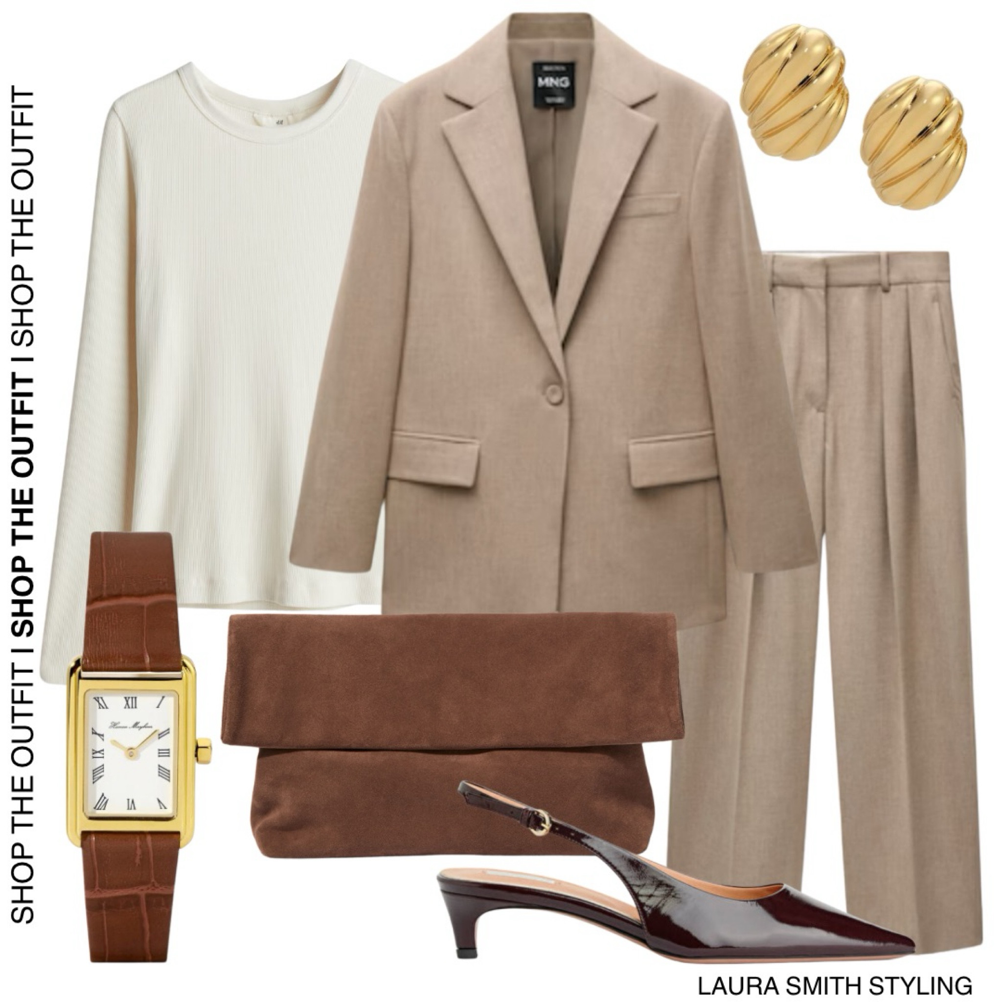 This seasons must have tones suitable for a day of meetings or client lunches. 

Including brown blazer, brown trousers, brown suit, suede clutch bag, burgundy heels, gold earring and brown watch  

#LTKautumn #LTKstyletip #LTKworkwear