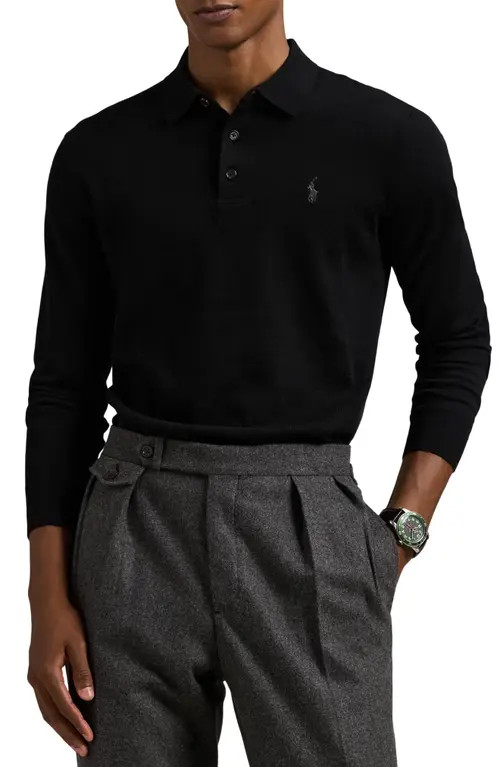 Polo Ralph Lauren Long Sleeve Wool Polo Sweater in Polo Black at Nordstrom, Size Small | Nordstrom