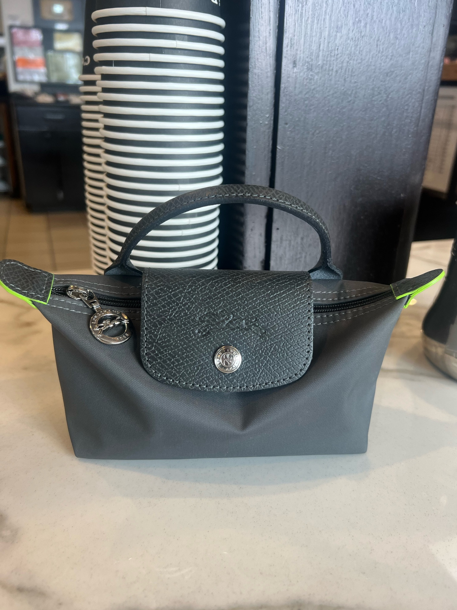 LONGCHAMP Le Pliage Green Pouch with Handle (Graphite)