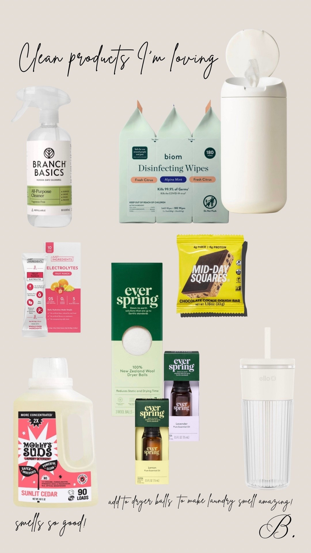Clean low tox products I’m loving lately! These biom wipes magnetic closure makes cleaning counters to messes so easy and smells amazing! The best laundry combo I have found for clean products this Mollys Suds Sunlit Cedar and adding essential oils to dryer balls instead of dryer sheets! These glass tumblers are my go-to for iced matchas and coffee! Midday Squares and electrolytes are perfect for the midday pick me up 3pm slump! 

#LTKdayinmylife #LTKHome #LTKmomlife