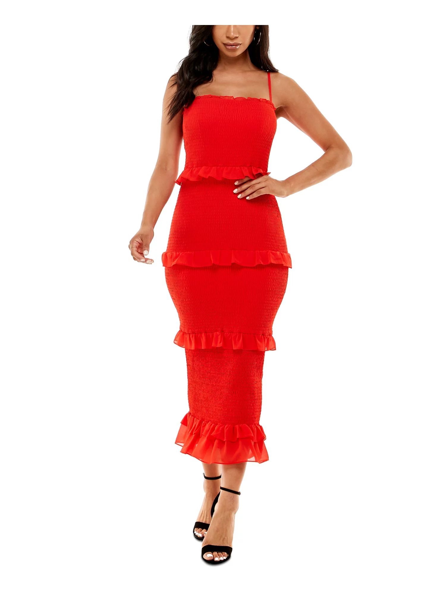 BEBE Womens Red Smocked Ruffled Pullover Spaghetti Strap Square Neck Midi Party Body Con Dress  X... | Walmart (US)