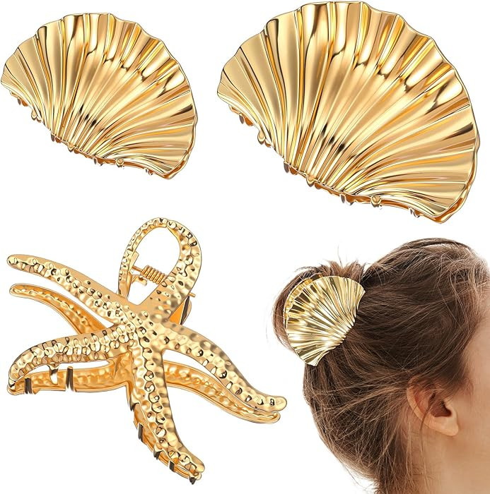 3Pcs Starfish Shell Gold Claw Clips, Metal Seashell Hair Clip, Shell Hair Clip for Women Girls, S... | Amazon (US)