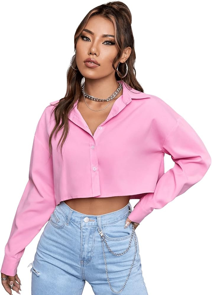 SweatyRocks Women's Long Sleeve Collar Button Front Blouse Crop Top Casual Drop Shoulder Shirt To... | Amazon (US)