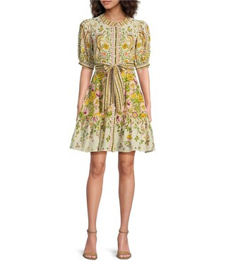 A Loves A Floral Woven Linen Round Neck Short Bubble Sleeve Button Front Tie At Waist A-Line Flou... | Dillard's