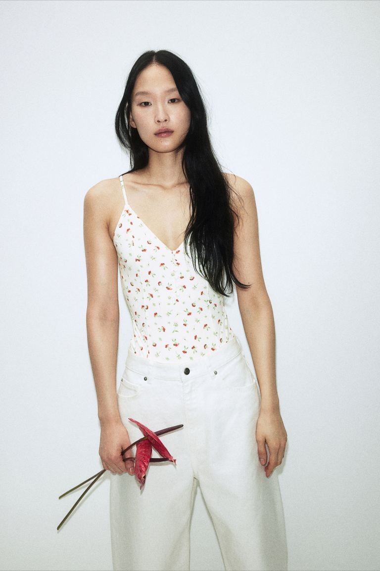 Button-front Thong Bodysuit - V-neck - Sleeveless - White/floral - Ladies | H&M US | H&M (US + CA)