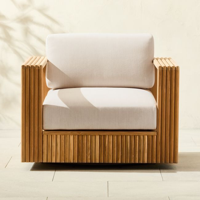Topia Teak Outdoor Swivel Lounge Chair with White Sunbrella® Cushions Set of 2 | CB2