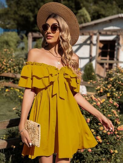 Off Shoulder Frill Knot Front Tiered Layer Dress | SHEIN