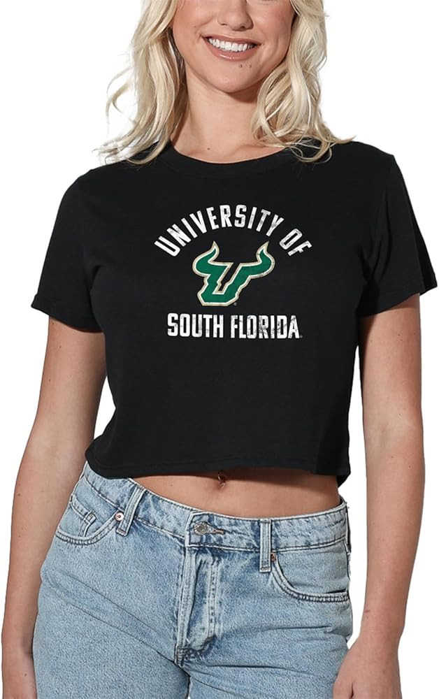Official Collegiate Large Distressed Logo Women's Apparel Crop Top T-Shirt Collection, Black | Amazon (US)