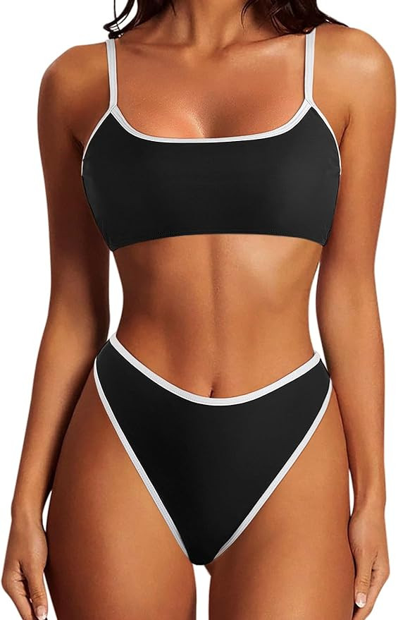 SUUKSESS Women High Waisted 2 Piece Bikini Set Cheeky High Cut Bandeau Swimsuit | Amazon (US)