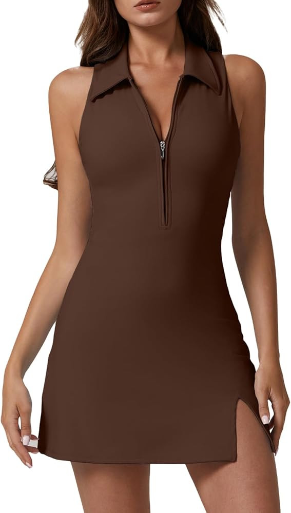 QINSEN Womens Zip Front Tennis Dress Polo Collar Racer Back Workout Golf Dresses Build in Shorts ... | Amazon (US)