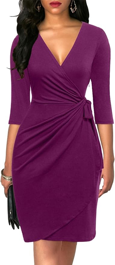 Berydress Women's Classic 3/4 Sleeve V Neck Sheath Casual Party Work Faux Black Wrap Dress | Amazon (US)