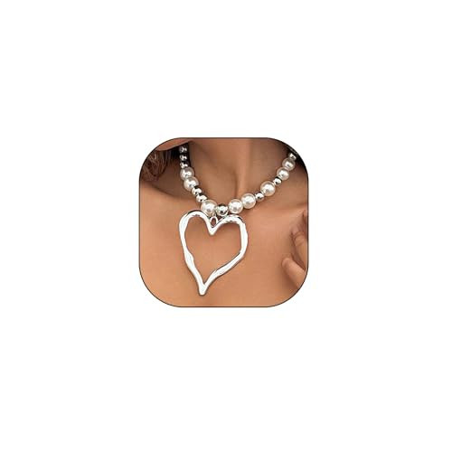 Y2k Chunky Heart Necklaces for Women Silver Large Heart Pendant Pearl Beaded Necklace Love Statement Choker Necklace Heart Jewelry Accessories Gift (Silver) | Amazon (US)