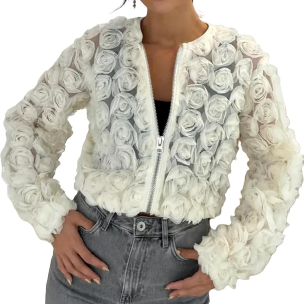 Perbai Women's 3D Floral Textured Cropped Bomber Jacket Zip Up Long Sleeve Sheer Lightweight Base... | Amazon (US)