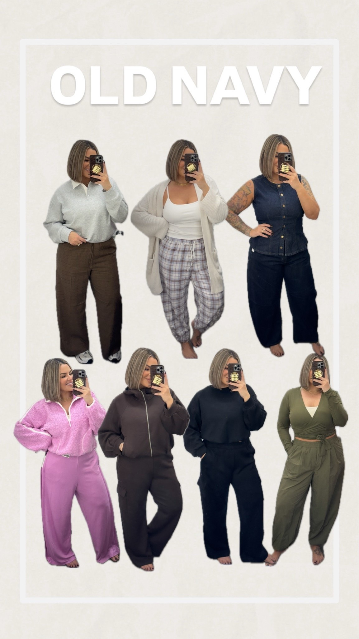 Old navy try on 

Polo sweatshirt L 
Checkered pants large reg
Checkered pajama pants large White tank L 
Oversized cardigan, XL 
Purple/pink set L  ( the pants show a ton of cellulite in this color ) just a heads up. They are super comfortable though, so I would definitely grab them in black instead.
Jeans 14 was huge needed 12 but they didn’t have my size in store. 
Denim Vest top L 
Brown set L in pants & jacket - bra top xl 
Black sweatshirt M ( file photo shows it in cream) 
Black pants L 
Green pants L 
Green top xl 
￼￼￼￼￼